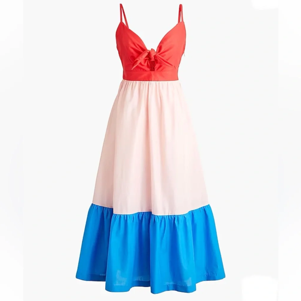 NEW J. Crew Red Blue Colorblock Bow Detail Tie-front Cutout Cotton Midi Dress